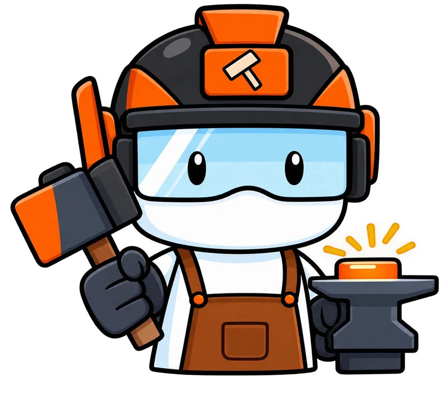 Mascote da Forja Sites, um ferreiro de capacete laranja com martelo e bigorna em brasa