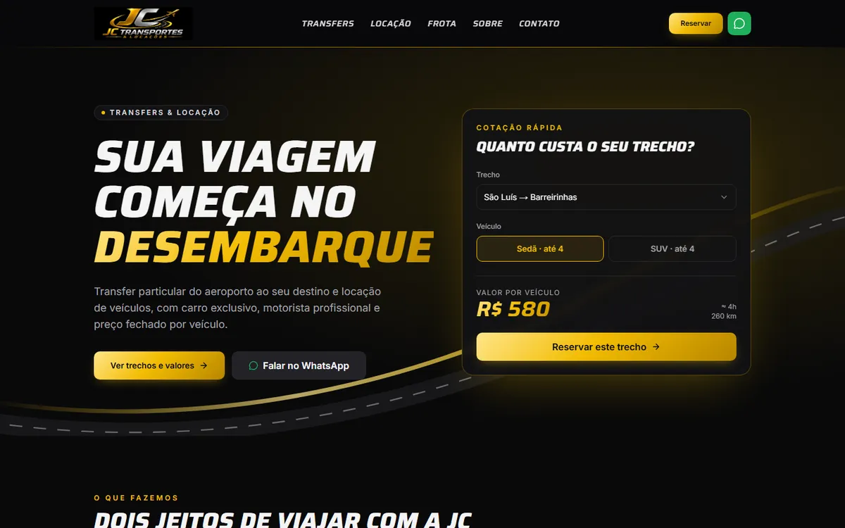 Site da JC Transportes no computador, com cotação de trecho e preço na tela